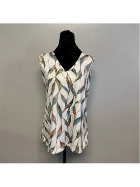 Women's C.O.Z.Y White Multi-color Leaf Print V-Neck Tank Top size Medium